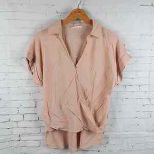 BE COOL DUSTY PINK V NECK SHORT SLEEVE MOCK WRAP HIGH LOW TOP SIZE SMALL